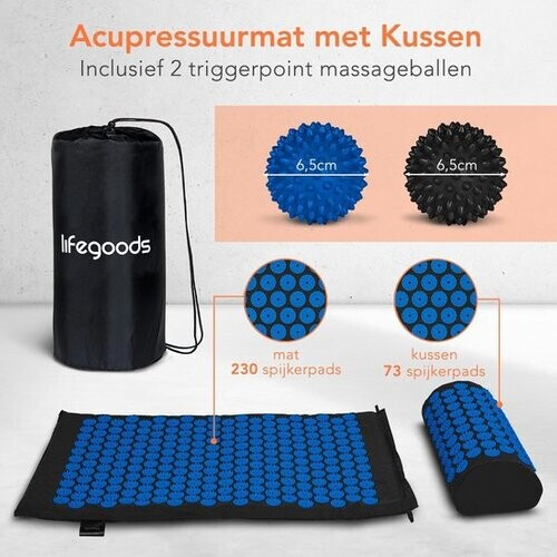 Tweedekans LifeGoods Acupressuur Mat met Kussen - Shakti mat - Spijkermat Incl. 2x Triggerpoint Bal - 66x40x2cm - Zwart/Blauw Tweedehands