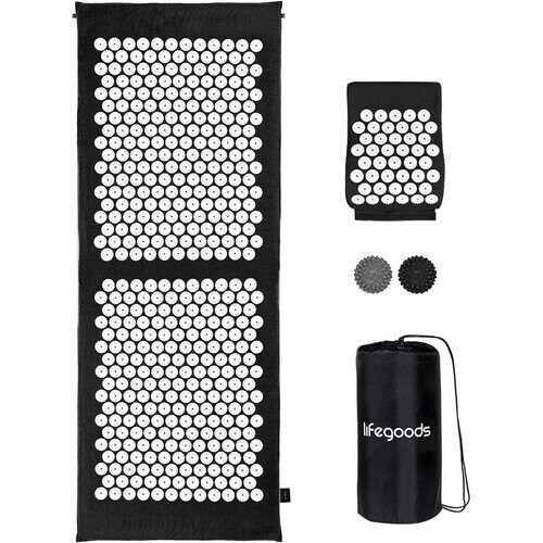 Tweedekans LifeGoods Acupressuur Mat XL - met Kussen - Shakti mat - Spijkermat Incl. 2x Triggerpoint Bal - 128x48x2cm - Zwart/Wit Tweedehands