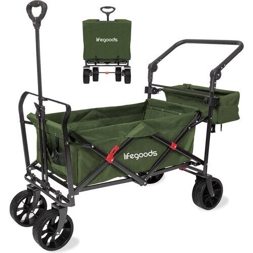 Tweedekans LifeGoods Bolderkar - Draaibare Wielen - Remsysteem - Tot 120Kg - 120 x 61 x 80cm - Groen Tweedehands