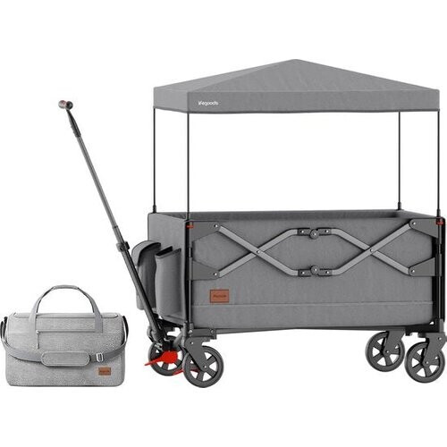 Tweedekans LifeGoods Bolderkar - Opvouwbaar - Kinderenvervoer - Met Dak - 80KG Draagkracht - Strandkar - Draaibare Wielen - Grijs Tweedehands