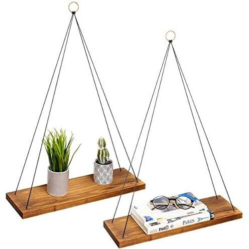 Tweedekans LifeGoods Hangende Houten Wandplank Set met Nylon Koord en Metalen Ringen | 2 Stuks | Industrieel | Geschikt voor Keuken, Woonkamer, Slaapkamer, Kinderkamer en als Muurdecoratie | Bruin Tweedehands