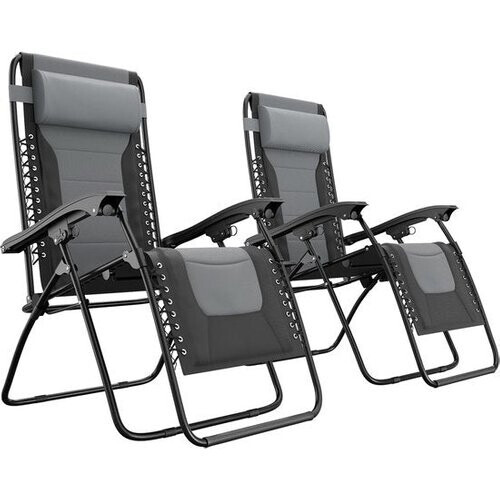 Tweedekans LifeGoods Ligstoelen Comfort - Opvouwbaar - 30°-90° Verstelbaar - Beker en Telefoonhouder - Tuinstoelen - Zwart/Grijs Tweedehands
