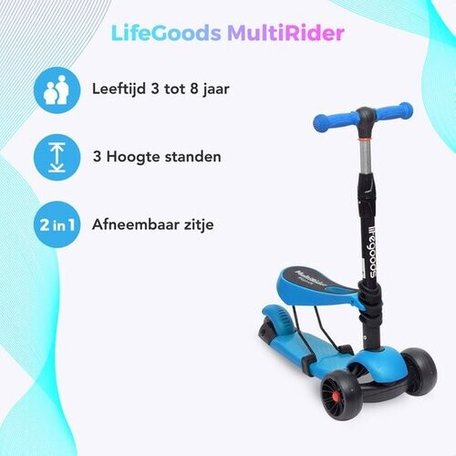 Tweedekans LifeGoods MultiRider Kinderstep - Step 3-8 Jaar - Verstelbaar Zitje - Lichtgevende Wielen - Jongens/Meisjes - Blauw Tweedehands