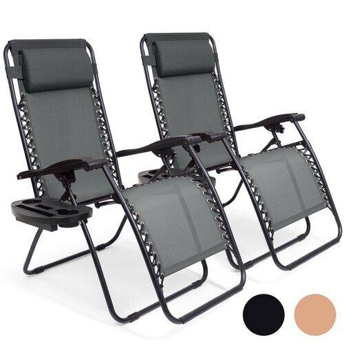 Tweedekans LifeGoods® Opvouwbare Relaxstoelen – Set van 2 – 30°-90° Verstelbaar – Metaal - Met Beker- en Telefoonhouder – Donkergrijs Tweedehands