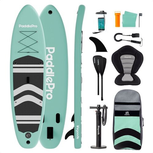 Tweedekans LifeGoods PaddlePro SUP Board - met Zitje - Opblaasbaar Paddle Board - Complete Set - Max. 135KG - 320x81cm - Pastelgroen Tweedehands