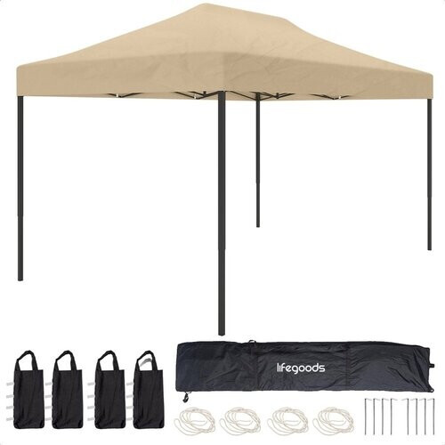 Tweedekans LifeGoods Partytent - Paviljoen - EasyUp - Opvouwbaar - Waterdicht - Met Draagtas met wieltjes - 440 x 297 cm - Beige Tweedehands
