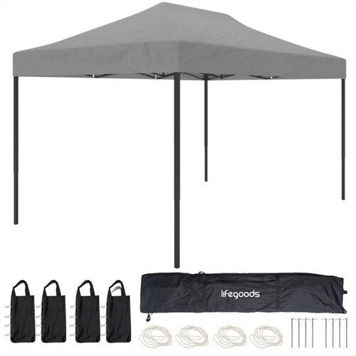 Tweedekans LifeGoods Partytent - Paviljoen - EasyUp - Opvouwbaar - Waterdicht - Met Draagtas met wieltjes - 440 x 297 cm - Donkergrijs Tweedehands