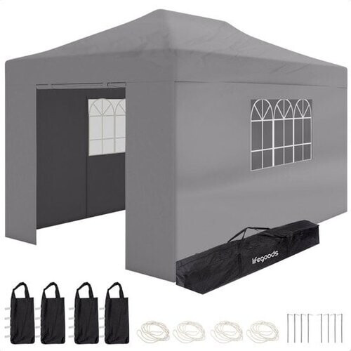 Tweedekans LifeGoods Partytent - Paviljoen - EasyUp - Opvouwbaar - Waterdicht - Met Draagtas met wieltjes - 440 x 297 cm - Donkergrijs Tweedehands