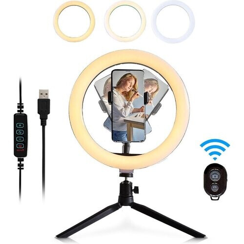 Tweedekans LifeGoods Ringlamp - LED - Met Statief en Afstandsbediening - Smartphone Houder - Zwart Tweedehands