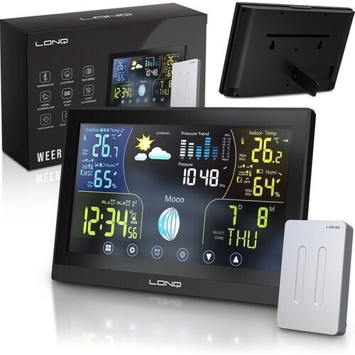 Tweedekans LONQ Weerstation Binnen en Buiten Q2 - Incl. Batterijen - Draadloos Weerstation met Buitensensor - Thermometer Hygrometer - Touchscreen Kleurendisplay - DCF Gestuurde Klok Tweedehands