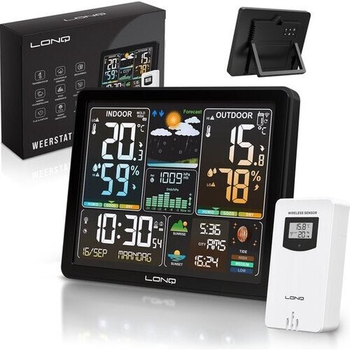 Tweedekans LONQ Weerstation Binnen en Buiten Q5 - Incl. Batterijen - Draadloos Weerstation met Buitensensor - Thermometer Hygrometer - Kleurendisplay - DCF Gestuurde Klok Tweedehands