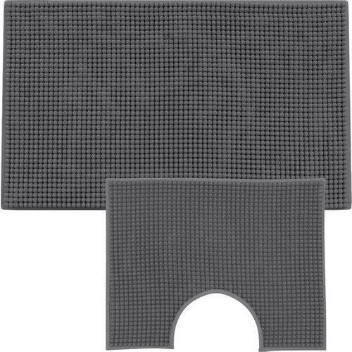 Tweedekans Loti Living Badmat Set Met Toiletmat Antislip – Douchemat – Badmat Badkamer – Vloermat – Badmat set wc mat – Badmat set antislip - Chenille - Antraciet - 50x80 cm + 50x40 cm Tweedehands