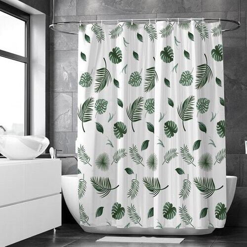 Tweedekans Loti Living Douchegordijn Anti Schimmel – Blaadjes - Inclusief ringen – Waterdicht - Polyester - Douchegordijn 180x200 cm Tweedehands