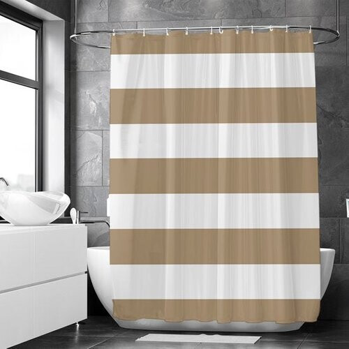 Tweedekans Loti Living Douchegordijn Anti Schimmel – Lichtbruin gestreept - Inclusief ringen – Waterdicht - Polyester - Douchegordijn 180x200 cm Tweedehands
