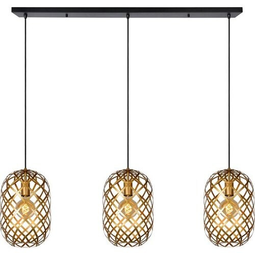 Tweedekans Lucide Wolfram Industriële Hanglamp – 3 Lichtpunten – Verstelbare Hoogte 40–155 cm – LED Geschikt – 110 × 25 × 150 cm – Mat Goud / Messing Tweedehands