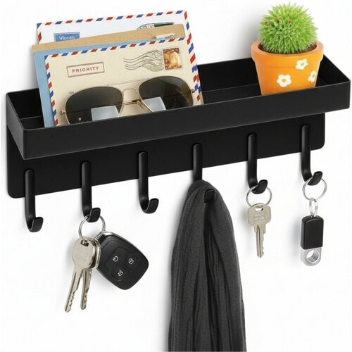 Tweedekans Luft Sleutelhouder met Plank - 6 Haken - Kapstok - Organizer - Muur - Industrieel - Zwart Tweedehands