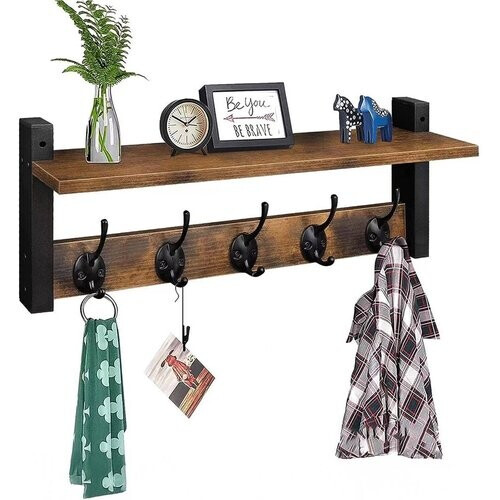 Tweedekans Luft Wandkapstok met Plank 43,5 cm – 10 Haken – Industrieel Zwart Staal & Hout – Muurkapstok voor Hal, Slaapkamer of Gang Tweedehands