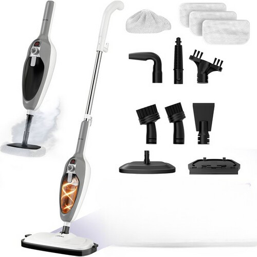 Tweedekans LUMAN 12 in 1 Stoomreiniger Én Handstomer - Tapijtreiniger - Vlekkenreiniger - Met 10 Opzetstukken en 3 Microvezeldoeken - Vloer, Bank, Badkamer en Tapijt Reinigen - Grijs Tweedehands