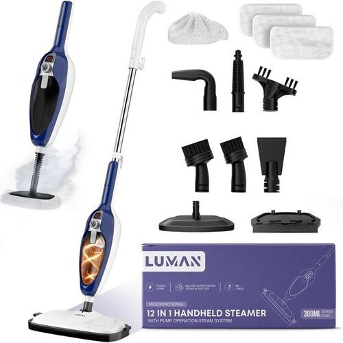 Tweedekans LUMAN 12 in 1 Stoomreiniger Én Handstomer V1 - Tapijtreiniger - Vlekkenreiniger - Met Aanpasbare Stoomkracht - Met 10 Opzetstukken en 3 Microvezeldoeken - Blauw Tweedehands