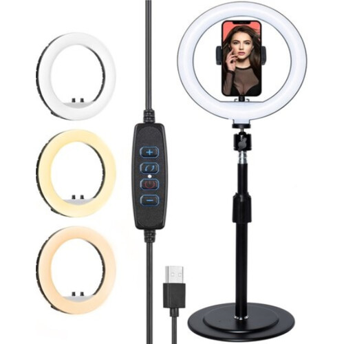 Tweedekans LURK ringlicht studioset 8 inch met verstelbaar statief, microfoon en afstandsbediening - zwart Tweedehands