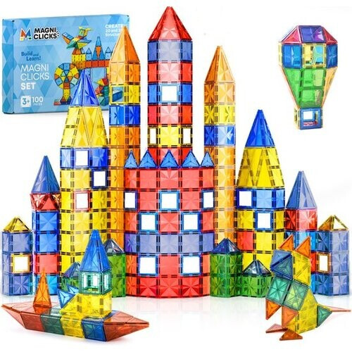 Tweedekans MagniClicks Magnetic Tiles 100 stuks - Magnetisch Speelgoed - Montessori - Magnetische Tegels - Bouwblokken Tweedehands