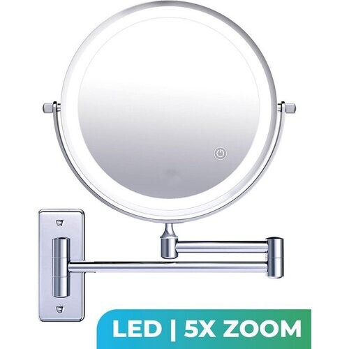 Tweedekans Make Up Spiegel met Led Verlichting - 5X Vergroting - Wandspiegel Rond - Scheerspiegel Wandmodel - Badkamer - Douche - Chroom Tweedehands