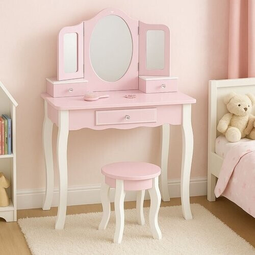 Tweedekans Maxx Kidz Kaptafel Kind met Spiegel - Roze Houten Kinder Make Up Tafel met Krukje - Schminktafel voor Kinderen - Meisjes Speelgoed vanaf 3 jaar Tweedehands