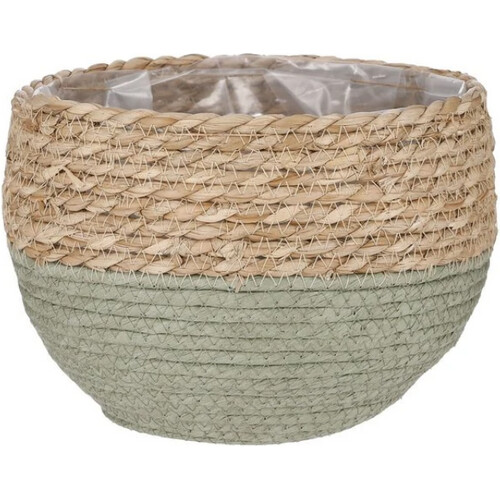 Tweedekans MICA Decorations JORCK Plantenmand 26x24 cm – Gevlochten Zeegras met Gedempt Groene Onderkant Tweedehands