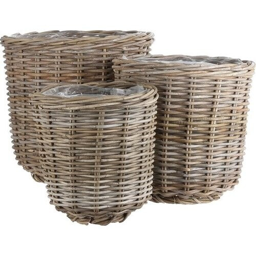 Tweedekans Mica Decorations Marcia Plantenmand Buiten - Set van 3 - H40 x Ø43 cm - Rotan - Grijs Tweedehands