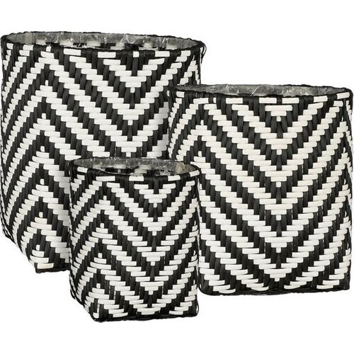 Tweedekans Mica Decorations Merlijn Plantenmand voor Buiten - Set van 3 - H26 x Ø24 cm - Gerecycled Plastic - Zwart, Wit Tweedehands