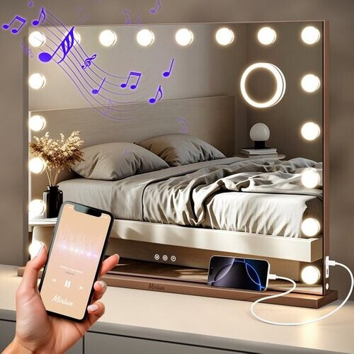 Tweedekans Mirlux Hollywood Spiegel 80x60CM - 2 Bluetooth Speakers - USB & USB-C oplaadpoorten - LED Verlichting - Make Up Spiegel - 10x Zoom - Ophangbaar - Rosé Goud Tweedehands