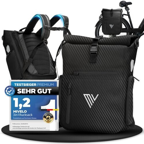 Tweedekans MIVELO EVO 25L 3 in 1 fiets tas voor bagage drager - rugzak en schoudertas - 100% waterdicht - Zwart Carbon Tweedehands