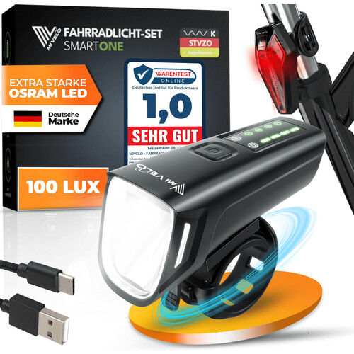Tweedekans Mivelo Fietsverlichtingsset - Tot 11 uur accuduur - StVZO-goedgekeurd - USB-oplaadbaar - 100% waterdicht - LED voor- en achterlicht - Zwart Tweedehands