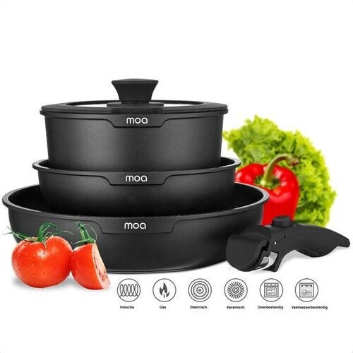 Tweedekans MOA Pannenset - 5 delig - Alle warmtebronnen - PFAS vrij - Anti aanbaklaag - Pannenset Inductie - Aluminium - Afneembare hendel - Zwart - PS501B Tweedehands