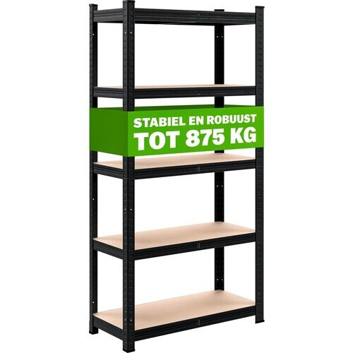 Tweedekans Monzana Opbergrek – 5 MDF-planken – Draagvermogen 875 kg – 180 x 90 x 40 cm – Zwart Tweedehands