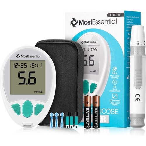 Tweedekans MostEssential Premium Glucosemeter Startpakket - Bloedsuikermeter - Bloedglucosemeter - Diabetes Meter - Alles in één set - Inclusief Opbergtas, Prikpen, 10 Teststrips & 10 Lancetten Tweedehands