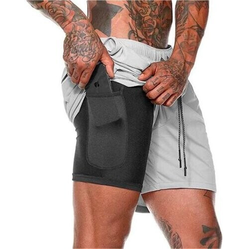 Tweedekans MW® - Sportbroek Heren - Fitnessbroek - Sportkleding - 2 in 1 Shorts - Hardloopbroek (Grijs - L) Tweedehands