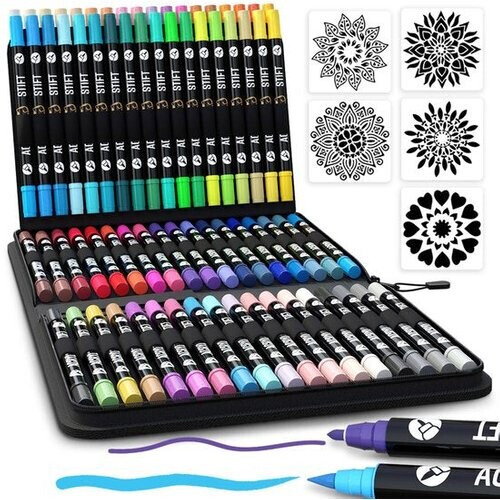Tweedekans NAPI 72 Acrylstiften Dual Tip - Twinmarkers - Verfstiften Happy Stones - Stenen Schilderen met Acryl Verf Marker Stiften - Volwassenen en Kinderen - Incl. 5 Mandala Sjablonen Tweedehands