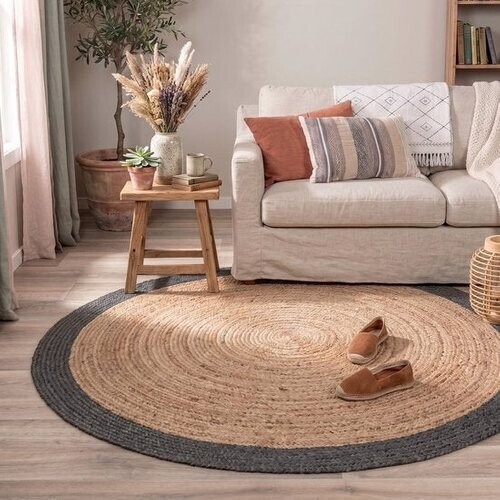 Tweedekans NATURL. Jute vloerkleed - Fair Rond Naturel/Zwart - Ø 120cm Tweedehands