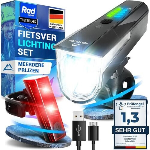 Tweedekans NEXTCOVER® Fietslampjes LED Set 80 Lux Pro - Wit en Rood met "LightSense" sensor schakelaar inbouw en 11u batterijduur - USB oplaadbaar & waterdicht - StVZO (Duitsland) approved- LED fietslicht voor fietslamp & fietsachterlicht, fietsverlichting Tweedehands
