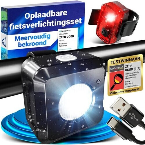 Tweedekans Nextcover Fietslicht Voor en Achter | Fiets Licht USB-C Oplaadbaar & IPX4 Waterdicht | Fietsverlichting Set met 6 Uur Accuduur | Voorlicht en Achterlicht | Fietslamp LED Wit en Rood | Fietslampjes voor alle Fietsjes | Fiets Lamp Tweedehands