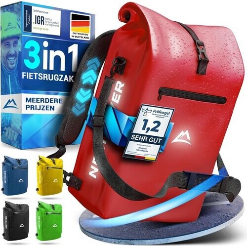 Tweedekans NEXTCOVER® NIEUW 3-in-1 fietstas voor bagagedrager [Aquashield] - Reflecterend bagagedragertas waterdicht - rugzak en schoudertas [25 liter]- Rood Tweedehands