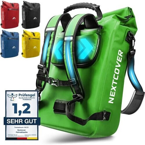 Tweedekans NEXTCOVER® NIEUW 3-in-1 fietstas voor bagagedrager [Aquashield] - Reflecterend bagagedragertas waterdicht - rugzak en schoudertas [25 liter]- Groente Tweedehands