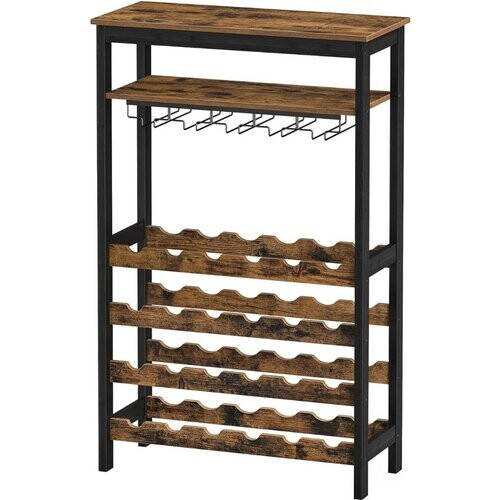 Tweedekans Niceey – Wijnkast Met Glazenhouder – Voor 24 Flessen – 66 x 30 x 100 cm – Voorzien Van Bovenste Opbergplank En Ruimte Voor 15 Glazen – Voor Woonkamer En Keuken – Zwart En Bruin Metaal En Hout Tweedehands