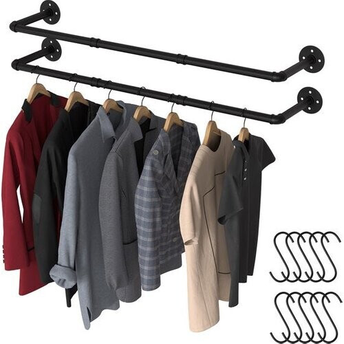 Tweedekans Noswo Kledingstang voor aan de Muur – 2 Stuks - Hoogwaardige Stalen Kledingroede – Kledingrek - Hangrek - Garderobe Stang - 112 cm – Zwart Tweedehands
