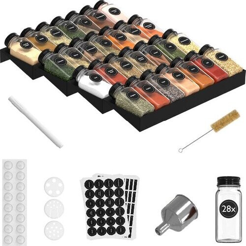 Tweedekans Noswo Kruidenrek Lade - Met 28 Potjes - Complete Set - Vierkant - Strooideksel en Labels - Kruiden Organizer - Keukenlade Organiser - Zwart Tweedehands