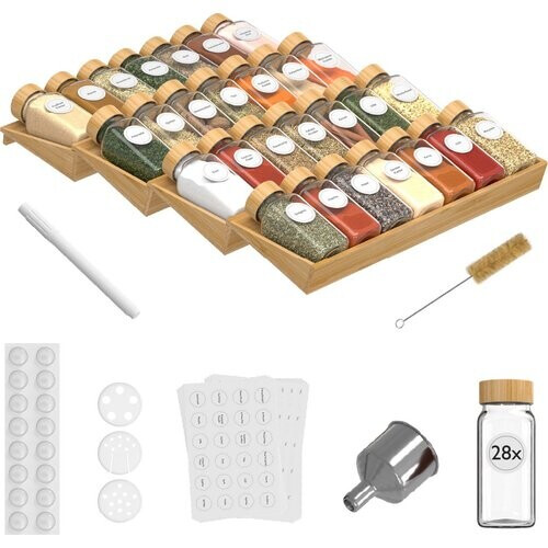 Tweedekans Noswo Kruidenrek Lade - Met 28 Potjes - Complete Set - Vierkant - Strooideksel en Labels - Kruiden Organizer - Keukenlade Organiser - Bamboe Tweedehands