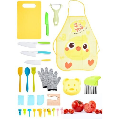 Tweedekans Nuvance - Kindermessenset - 17-Delige Kookset - Kiddikutter - Kinderbestek met Snijplank, Schilmesje, Kindermes, Frietsnijder & Kookschort - Kiddicutter - Koken voor Kinderen - Keukengerei Tweedehands