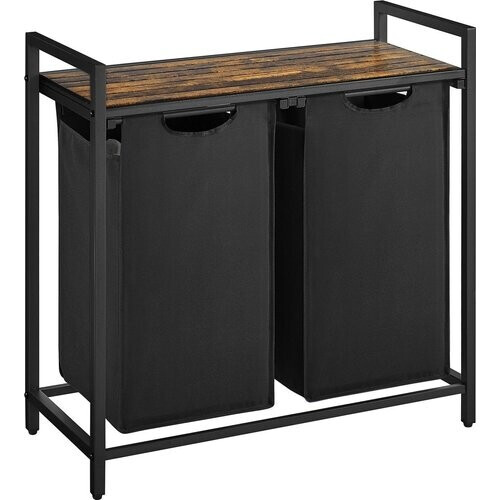 Tweedekans O'DADDY® Wasmand 2 vakken – uitschuifbare wassorteerder met plank - 73 x 33 x 72 cm – metaal - zwart met bruin Tweedehands