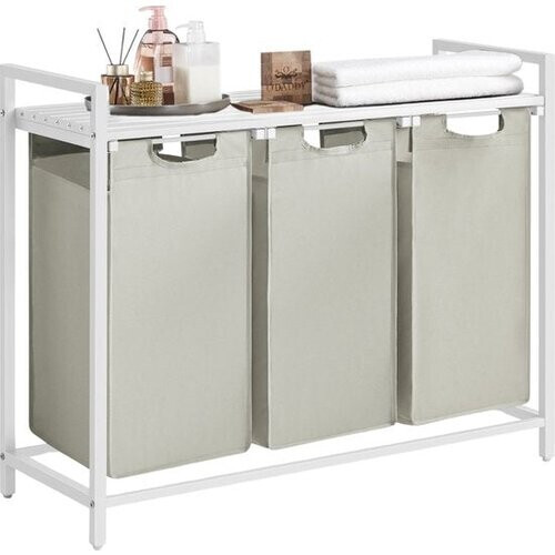 Tweedekans O'DADDY® Wasmand 3 Vakken - Uitschuifbare Wassorteerder met Plank - 114 Liter - 92,5 x 33 x 71 cm - Verstelbare Pootjes - Makkelijk te Monteren - Veelzijdig en Stijlvol Metaal - Wit Tweedehands
